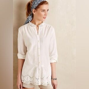 Anthropologie Isabella Sinclair XS Embroidered‎ White Long Sleeve Blouse